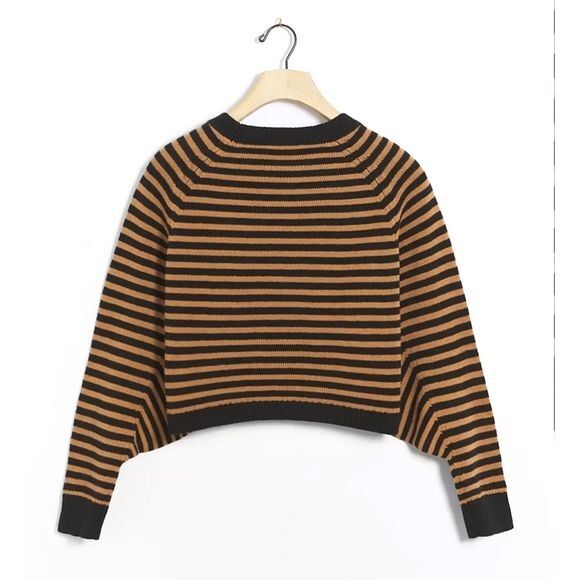Anthropologie Current Air Aleta Cropped Pullover Sweater Brown Black Stripes - Picture 2 of 4